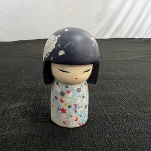 Kimmidoll Hikari Mini Figurine‎ Blue Floral Japanese Kokeshi Style Doll 2.5 Inch